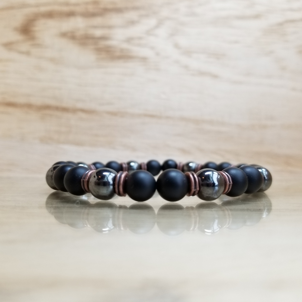 Onyx, Bronze & Hematite Beaded Gemstone Bracelet